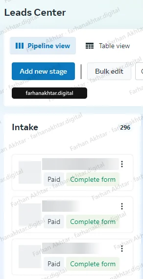 Meta Leads Center pipeline view. The Intake column shows a count of 296. Three lead cards below it are tagged Paid and Complete form, with each person's name and initials blurred. An arrow points at the figure named in the caption.